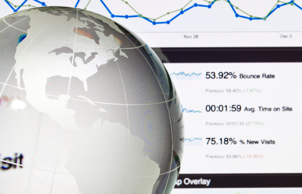 image of a globe illustration and Google Analytics data