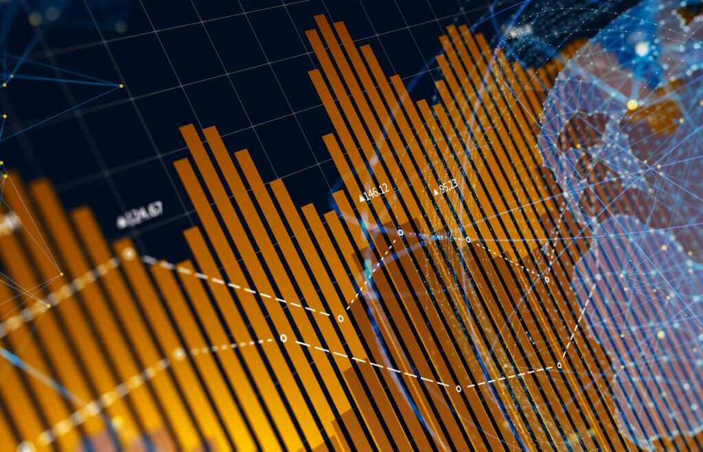 Shows a globe projection and a series of bar charts