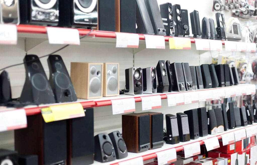 shows speakers on display in a store 