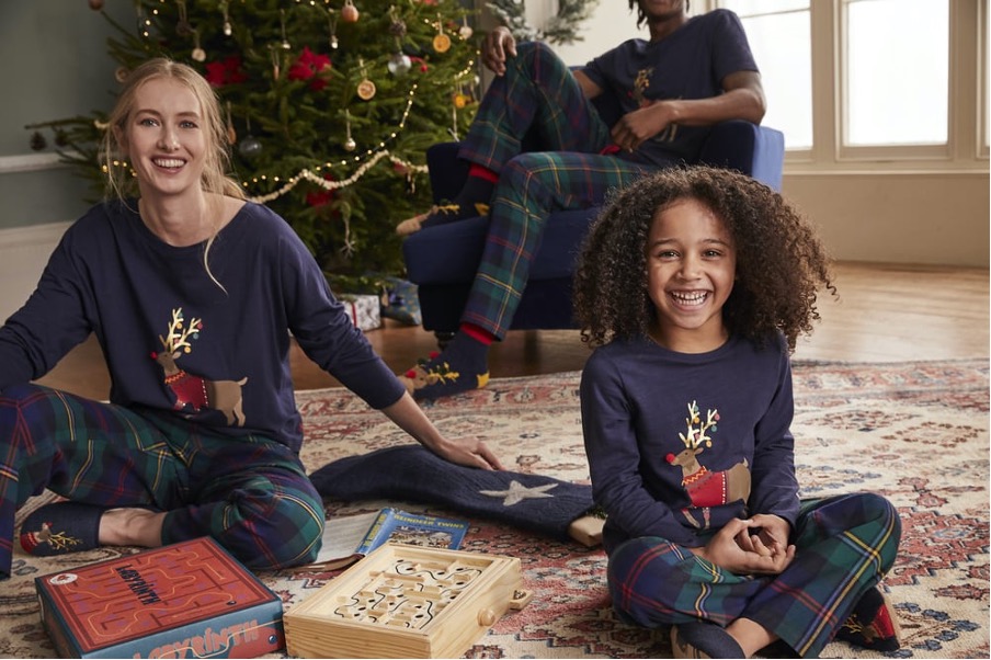 shows a mother and daughter in Christmas pajamas 