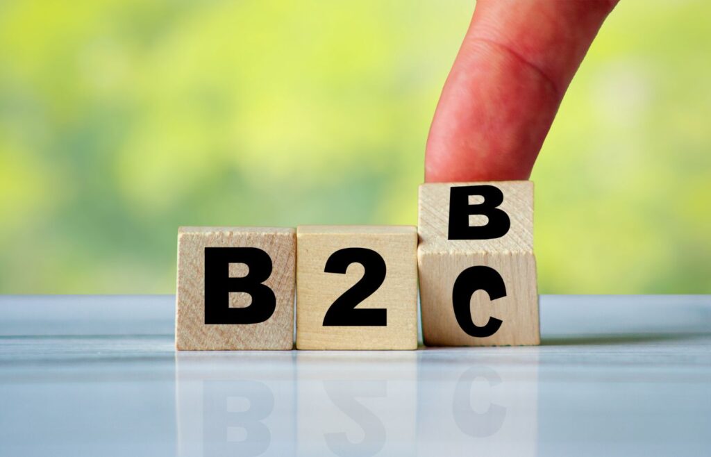 shows wooden blocks saying 'B2C' 